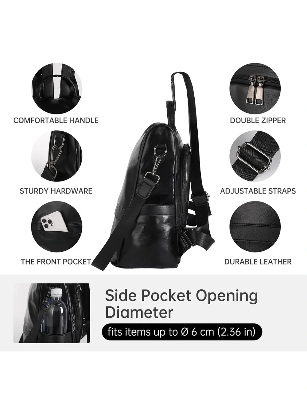 Stylish Black Women's Faux Leather Backpack with Pom Charm
